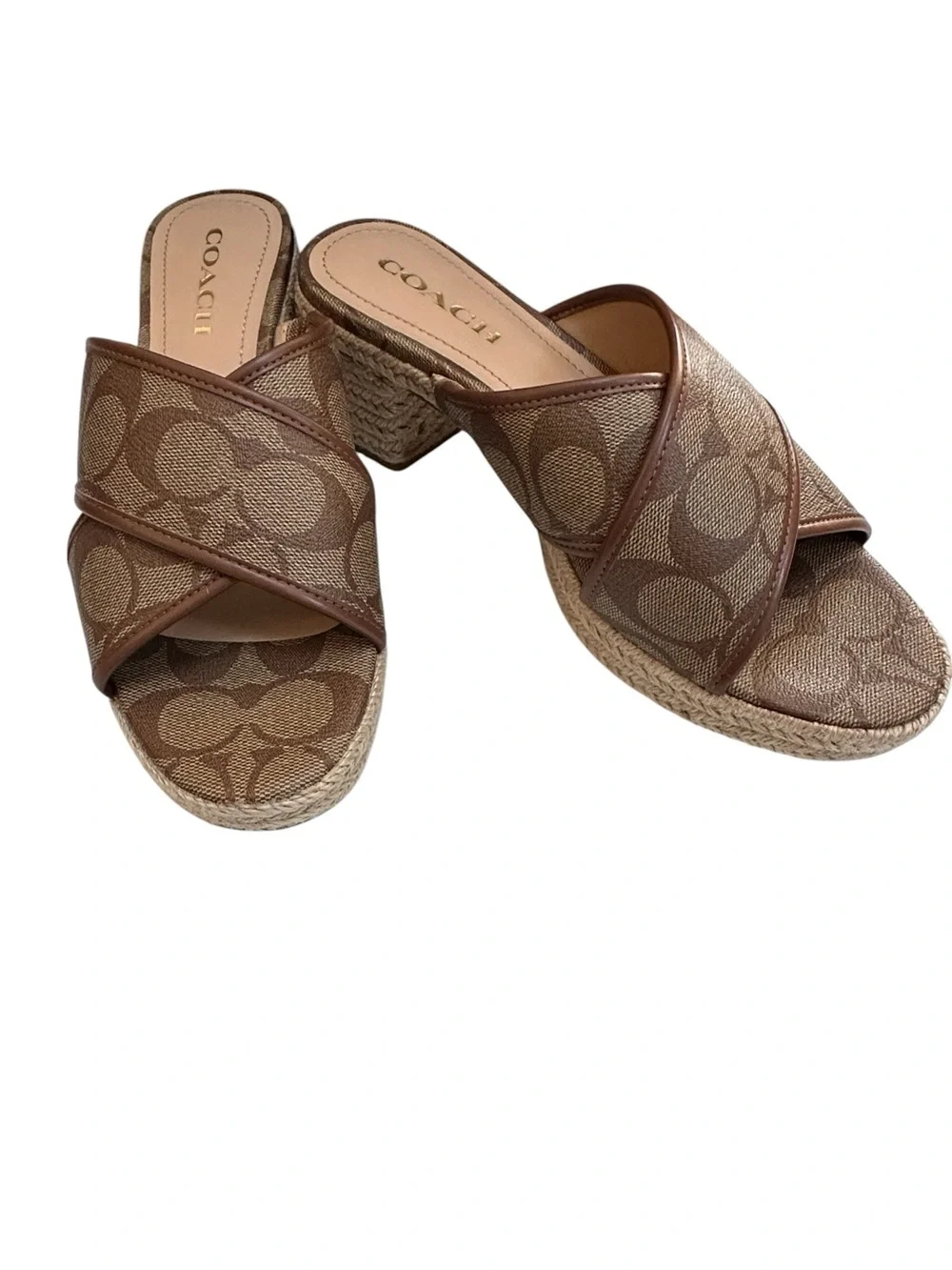 Coach Sloan Signature Espadrille Brown Canvas Crisscross Slide Mules, 8.5B